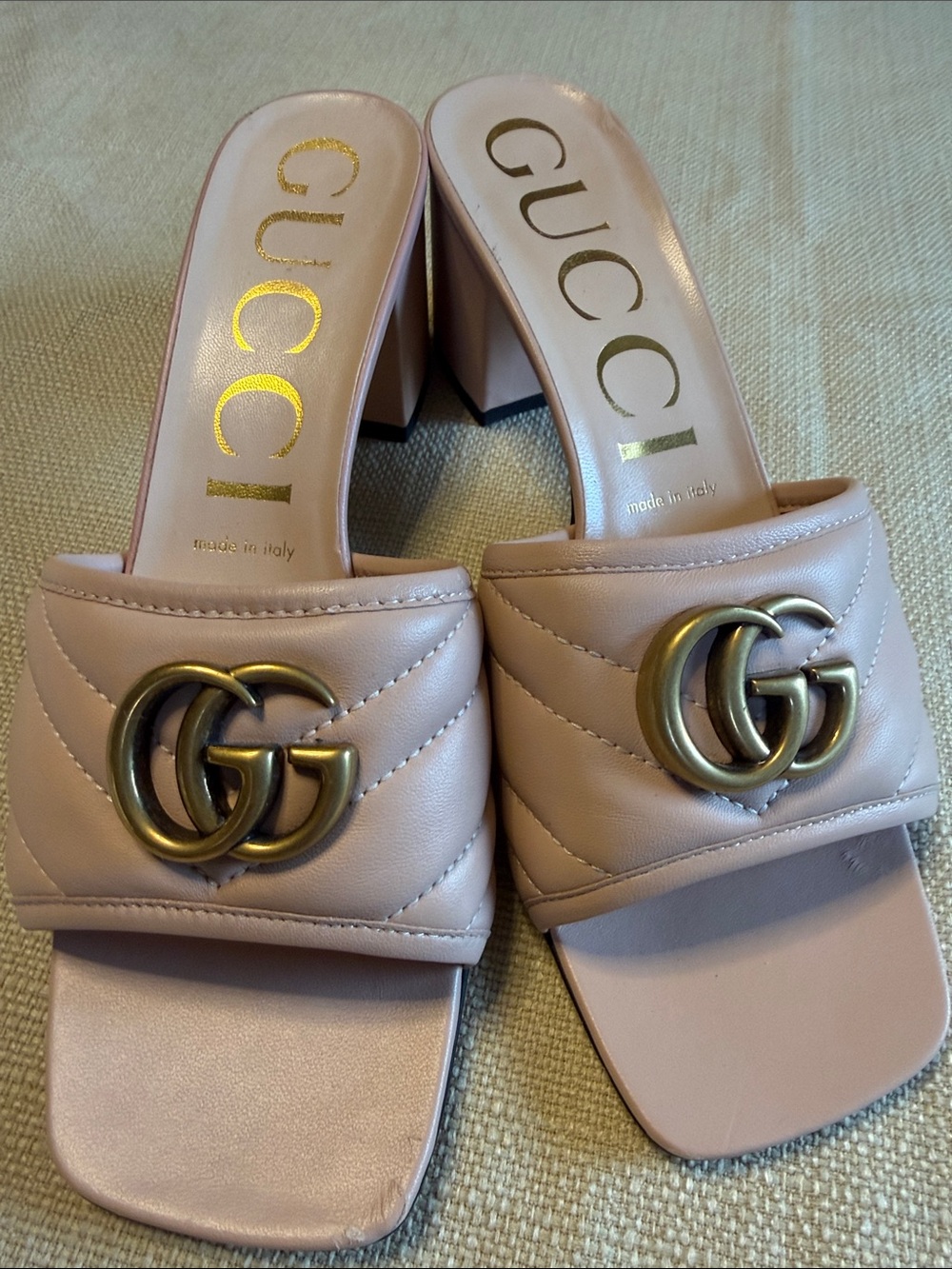 Gucci Blush Pink Quilted Leather GG Logo Mules